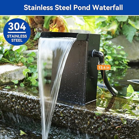 POPOSOAP 55W Solar Pond Waterfall Box with Fountain Pump, 304 Stainless Steel Pond Waterfall Spillway, Pond Spillway with 9.8FT PU Corrugated Tubing for Garden Waterfall,Water Features